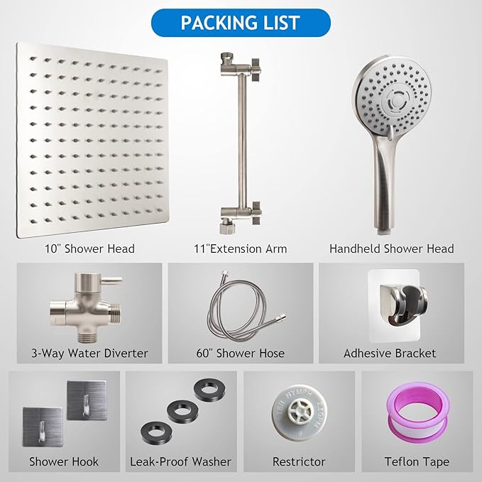 Shower Head Combo(Brushed Nickel),10'' High Pressure Rain Shower Head with 11'' Adjustable Extension Arm and 5 Settings Handheld,Powerful Shower Spray Against Low Pressure Water