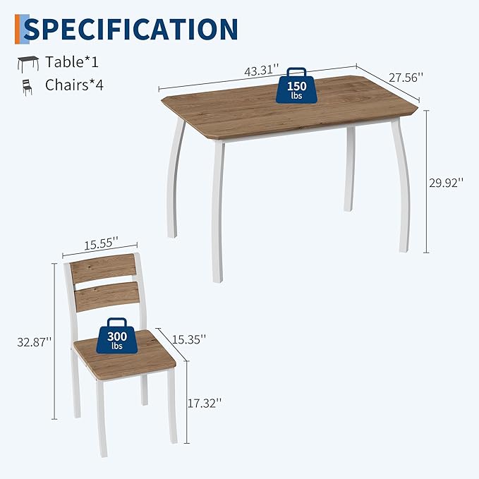 IDEALHOUSE Dining Table Set for 4 Modern Kitchen Table and Chairs Set with Chamfered Edges Cushioned Seats Space-Saving Metal Frame for Dining Room Apartment Small Spaces, White & Wood Grain Color