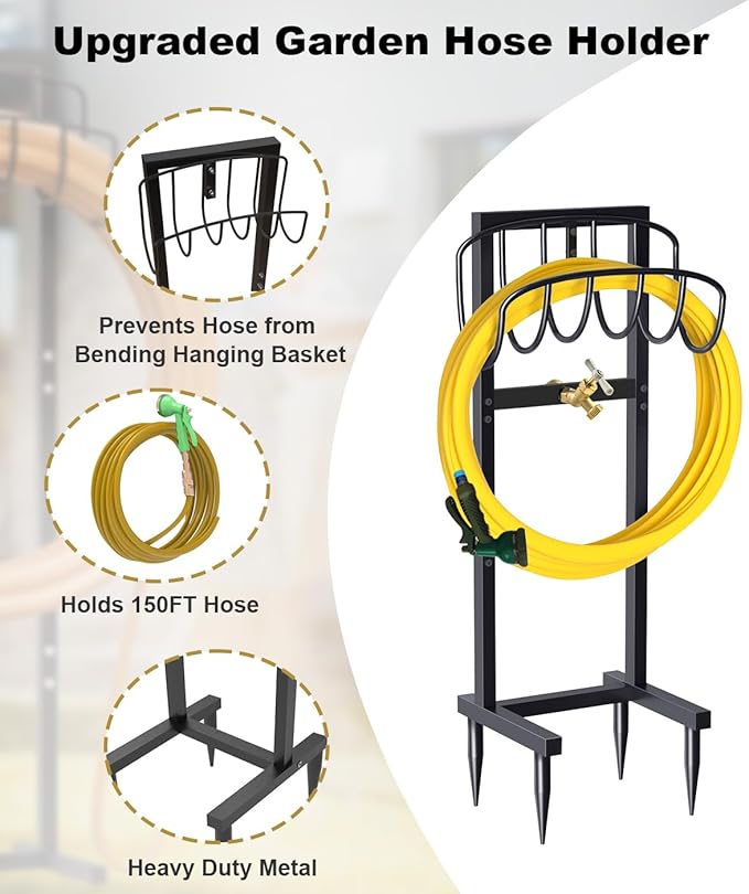 Outdoor Garden Hose Holder Freestanding with Brass Faucet And 4 Spikes, Heavy Duty Metal Water Hose Reel Stand Hanger Rack Organizer Holds Storage 150ft Hose for Outside Yard Lawn, Black