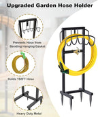 Outdoor Garden Hose Holder Freestanding with Brass Faucet And 4 Spikes, Heavy Duty Metal Water Hose Reel Stand Hanger Rack Organizer Holds Storage 150ft Hose for Outside Yard Lawn, Black