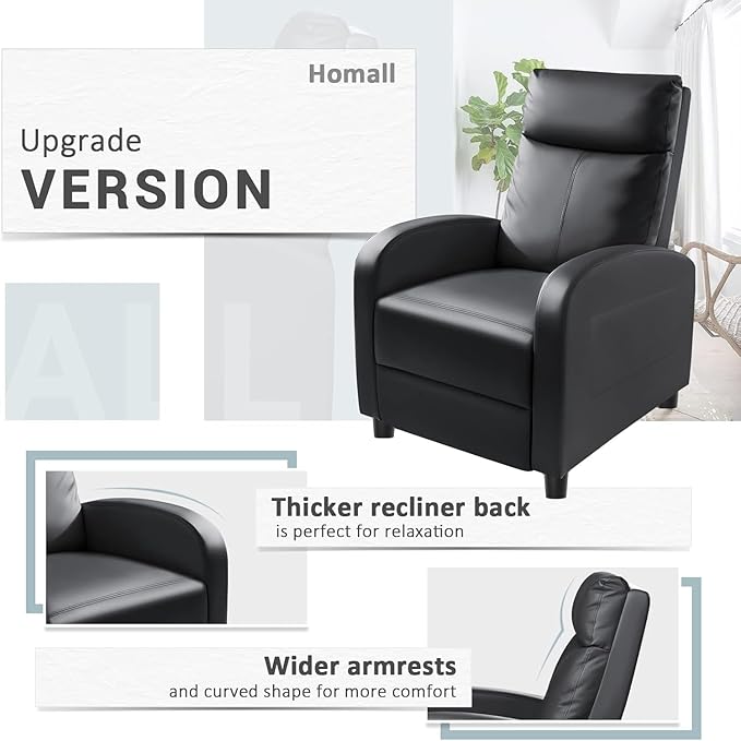 Homall Recliner Chair, Recliner Sofa for Adults, Recliners Home Theater Seating with Lumbar Support, Reclining Sofa Chair for Living Room (Leather, Dark Black)