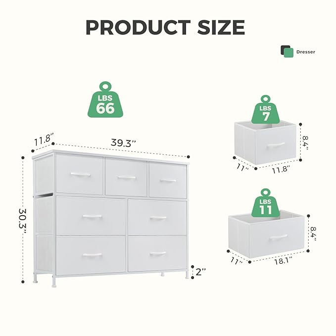 Dresser for Bedroom with 7 Drawers, Anti-Tip Wide Fabric Chests Storage Organizer Tower Furniture, TV Stand for TV up to 45 inch with Wooden Top Metal Frame for Clothes, Living Room, Hallway, Entryway