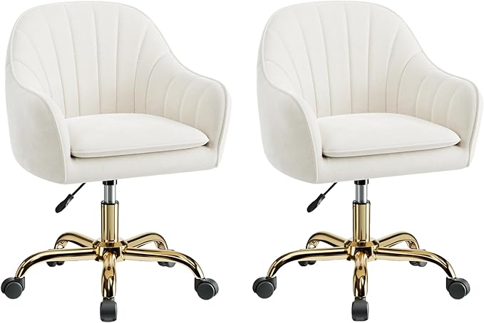 Vanity Chair with Wheels, Comfy Home Office Desk Chairs Adjustable Modern Velvet Makeup Vanity Chairs for Bedroom Living Room-Beige Pack of 2