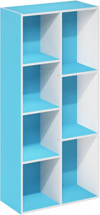 Furinno LUDER Book Shelf, 7-Cube Bookshelf, Bookcase with Open Shelves, 9.4 x 19.5 x 41.7, Easy Assembly, for Living Room, Bedroom, Home Office, White/Light Blue