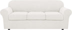 H.VERSAILTEX 4 Piece Stretch Sofa Covers for 3 Cushion Couch Covers for Living Room Furniture (Base Cover Plus 3 Seat Cushion Covers) Upgraded Thicker Jacquard Fabric (Sofa, Porcelain White)