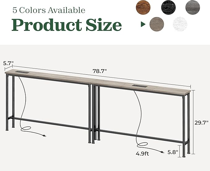 SUPERJARE 78.8 Inch Narrow Console Table with Outlet, Sofa Tables, Behind Couch Table, Long Entryway Tables with Charging Station, for Living Room, Oak