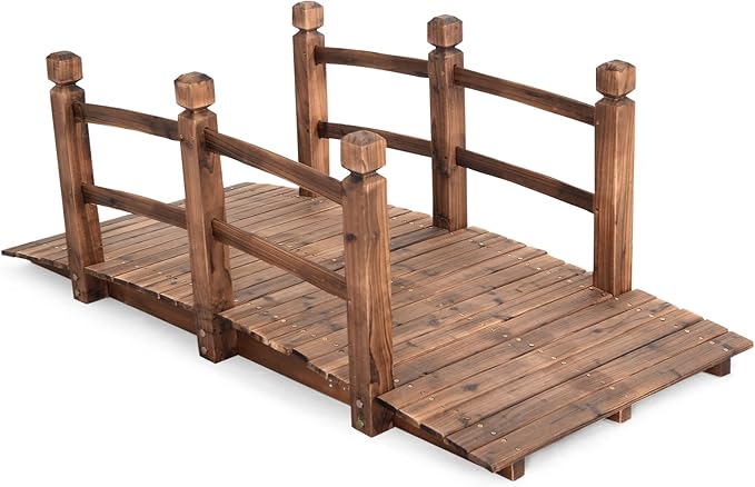 Giantex 5 FT Wooden Garden Bridge, Stained Wood Arc Footbridge with Railings, 400 lbs Capacity, Decorative Pond Bridge for Outdoor Garden Yard Backyard Creek Farm (Brown)