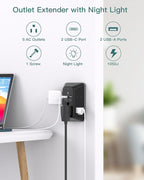Surge Protector, Outlet Extender with Night Light, Addtam 5-Outlet Splitter and 4 USB Ports(2 USB C), USB Wall Charger Power Strip, Multi Plug Wall Outlet for Home, Office, School, Black