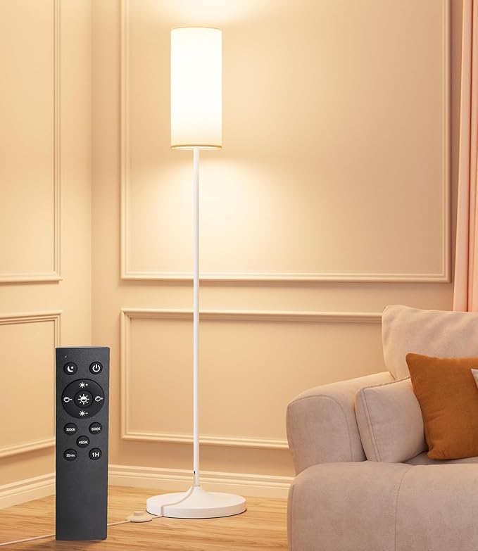luckystyle LED Floor Lamp for Living Room, Dimmable Standing Lamps with Foot Switch,Remote Custom Color Temperature White Pole Lamp with Lampshade,12W Led Bulb Tall Lamps for Bedroom Office Kid Room