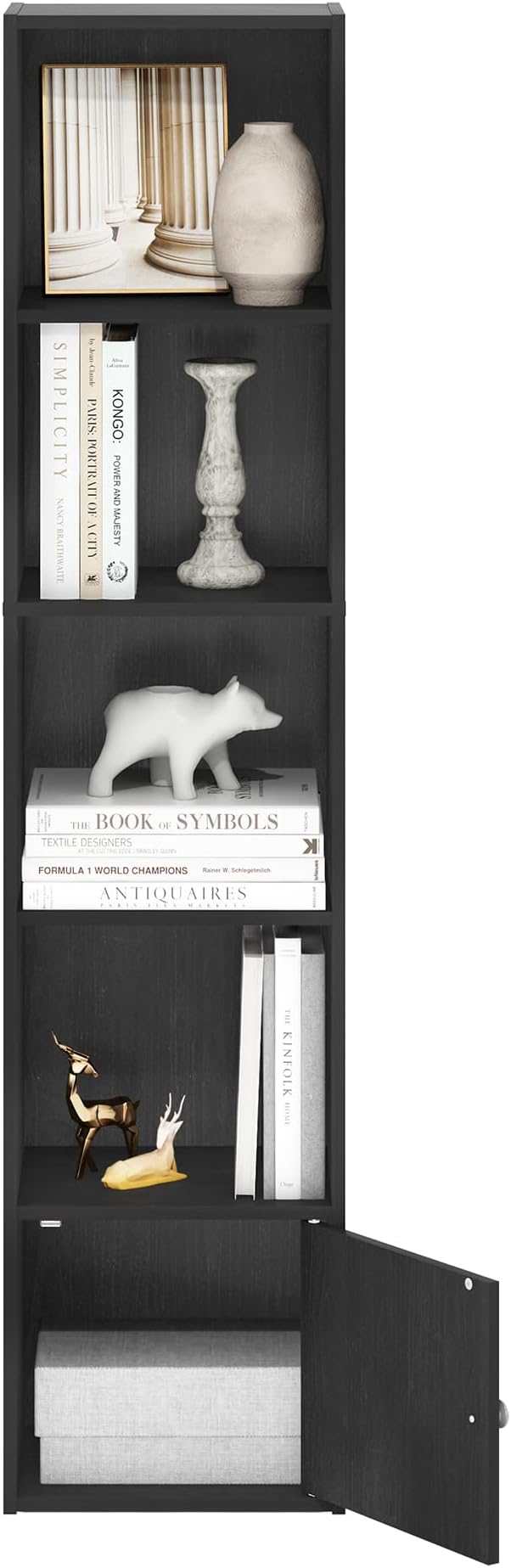 Furinno LUDER Book Shelf, 5-Tier Modern Bookshelf, Bookcase with 1 Door Storage Cabinet, 9.3 x 12 x 52,for Organization and Storage, for Living Room, Bedroom, Home Office, Blackwood