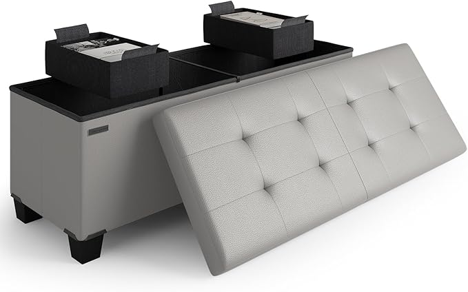 Storage Ottoman Bench with Bins, 43-in Storage Bench for Bedroom End of Bed, Folding Foot Rest Ottoman for Living Room Max 660lbs, Leather Ottomans, Light Grey