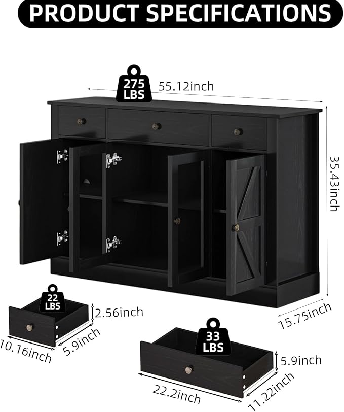 4 EVER WINNER 55" Coffee Bar with 4 Glass Doors and 3 Drawers, Sideboard Buffet Cabinet with Storage, Farmhouse Coffee Bar Cabinet with Adjustable Shelves for Kitchen, Dining Room, Black