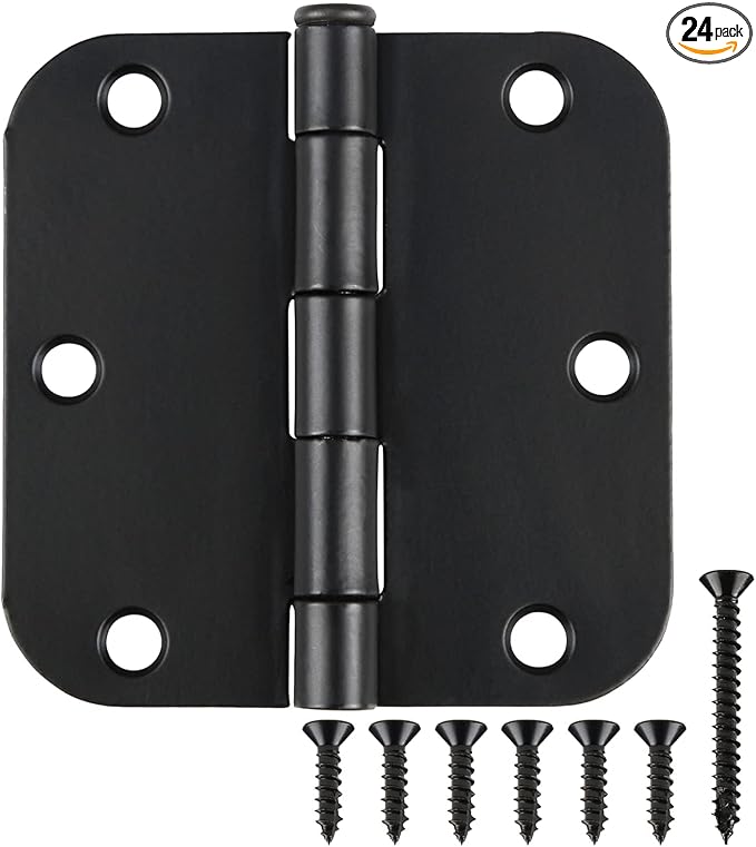 24 Pack Matte Black Door Hinges 3.5 x 3.5 Inch Interior 3 1/2 Inch Door Hinges for Doors Rounded 5/8" Radius Corners Flat Iron Hinge 3 ½"x 3 ½" Door Hardware Bisagras para Puertas Bedroom Home Decor