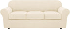 H.VERSAILTEX 4 Piece Stretch Sofa Covers for 3 Cushion Couch for Living Room Furniture Slipcovers (Base Cover Plus 3 Seat Cushion Covers) Thicker Jacquard Fabric (Large Sofa, Cream)