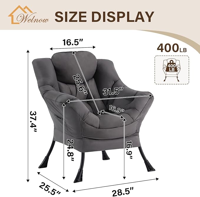 Welnow Lazy Chair for Living Room, Modern Reading Accent Chair with Armrests and a Side Pocket, Leisure Upholstered Lazy Sofa for Small Space, Bedroom, Dorm, Dark Grey