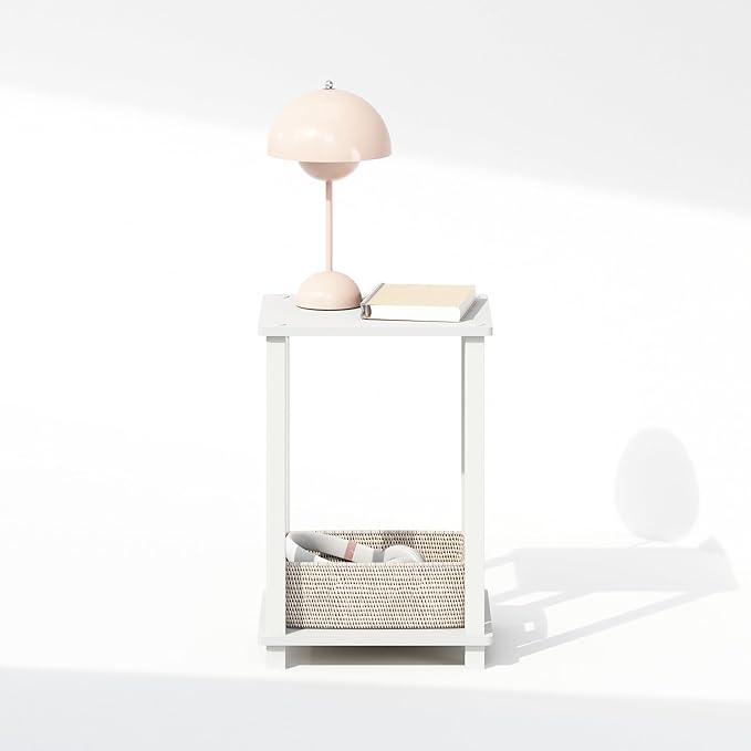 Furinno Simplistic Night Stand, 2-Tier Small Nightstand with Open Shelf, Toolless Assembly Bedside Table, End Table, Side Table, for Bedroom, Closet, Dorm, White