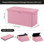 DocSafe Storage Ottoman Bench with Lock,Fireproof 30 Inches Folding Bench Foot Rest Stool Storage Chest Safe for Living Room,Bedroom,Home Office,Waterproof Leather Ottoman with Handles,Pink