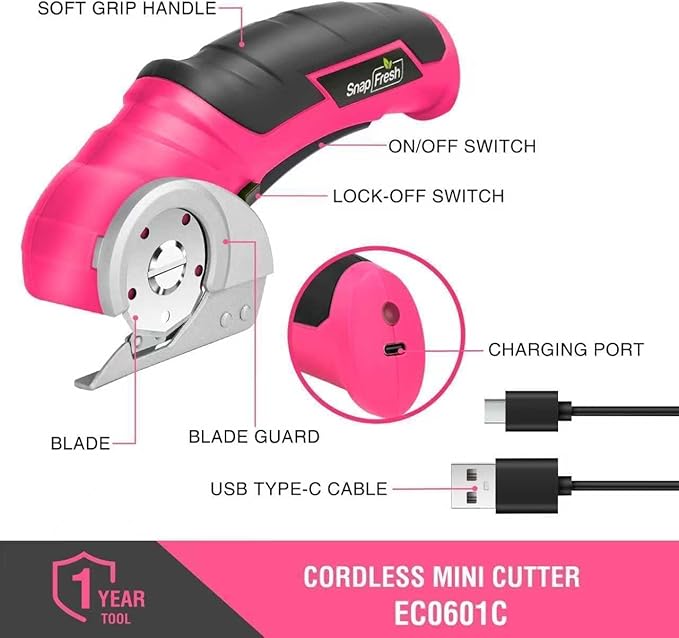 SnapFresh Cordless Electric Scissors, 4V Rechargeable Electric Box Cutter for Cardboard Boxes, Carpet & Paper, Rotary Cutter for DIY Projects, Safety Box Cutter with Battery & Type-C Cable (Hot Pink)
