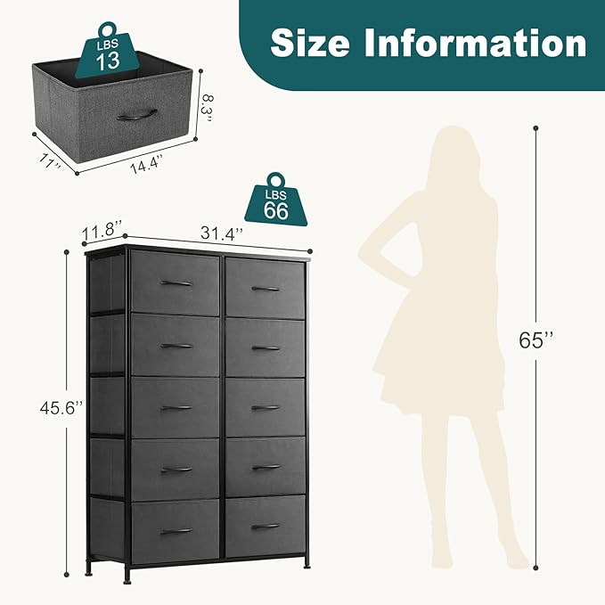 Dresser for Bedroom with 10 Drawers, Anti-Tip Tall Fabric Chests Storage Organizer Tower Furniture with Wooden Top Metal Frame for Clothes, Closet, Living Room, Hallway, Entryway