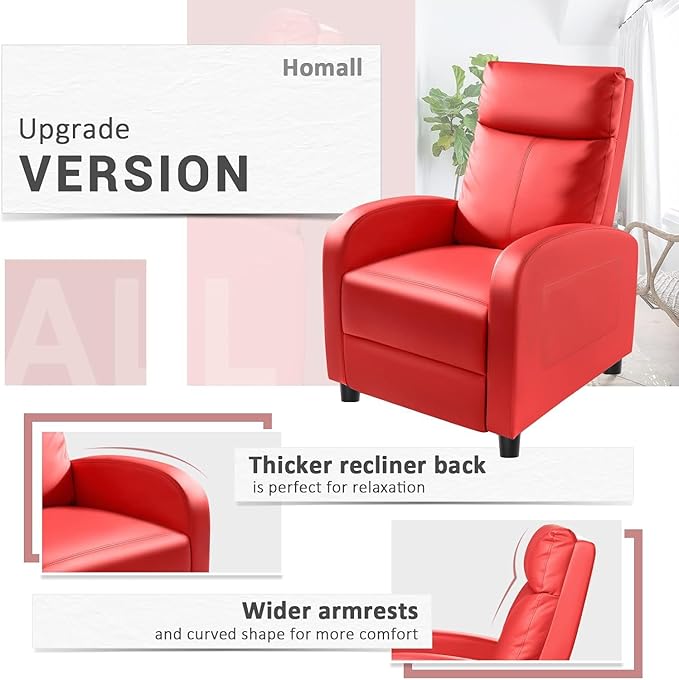 Homall Recliner Chair, Recliner Sofa for Adults, Recliners Home Theater Seating with Lumbar Support, Reclining Sofa Chair for Living Room (Leather, Red)