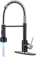 DJS Kitchen Faucets with Pull Down Sprayer Matte Black & Brushed Nickel LED Light Single Handle 1 or 3 Holes Spring Kitchen Sink Faucet with Deck Plate for Farmhouse RV Vessel Basin