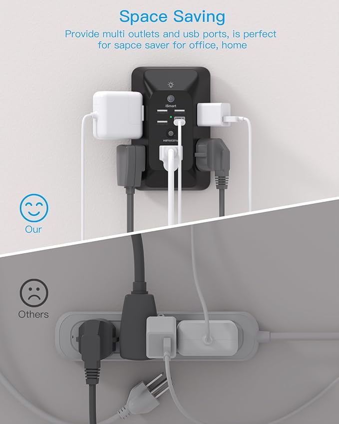 Black Multi Plug Outlet, HANYCONY Outlet Extender with 4 USB Ports (2 USB C) and Night Light, 1050J Surge Protector, Wall Mount, Outlet Splitter for Bathroom Kicthen Camper Dorm Room Essentials