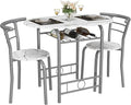 JUMMICO 3-Piece Wooden Round Table & Chair Set, Space Saving Kitchen Breakfast Nook Wood Grain Tabletop with Metal Frame and Built-in Wine Rack for Kitchen, Dining Room (White/Silver)