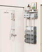 Towel Racks for Bathroom - Wall Mounted Metal Rack with Wood Plank, Bathroom Storage Organizer, Towel Holder Stores 6 Large Rolled Towels Easily, Silver with White Plank