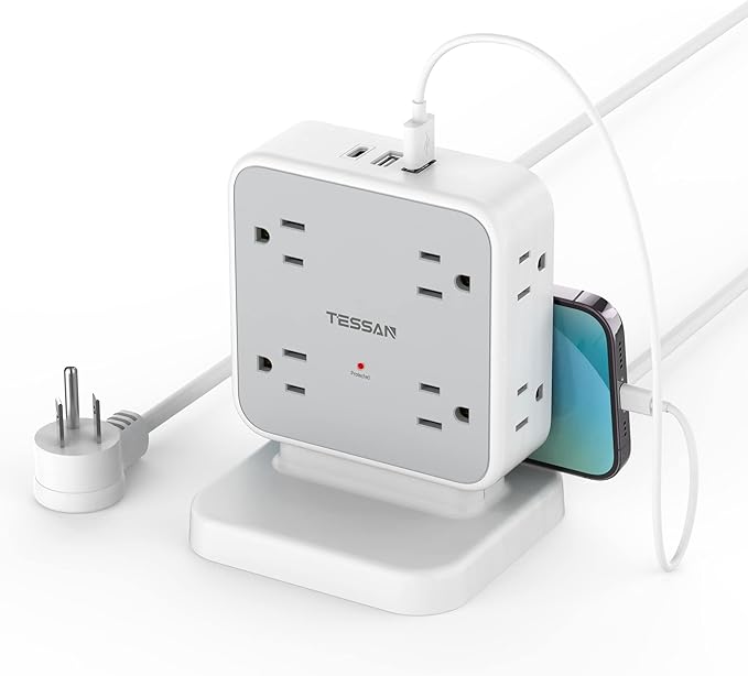 TESSAN Surge Protector Power Strip, 5 Ft Flat Plug Extension Cord with 3 USB (1 USB C) 8 Outlets, 1250W, 900J Protection, 3 Sided Outlet Extender with Base for Office, Dorm Room, Grey