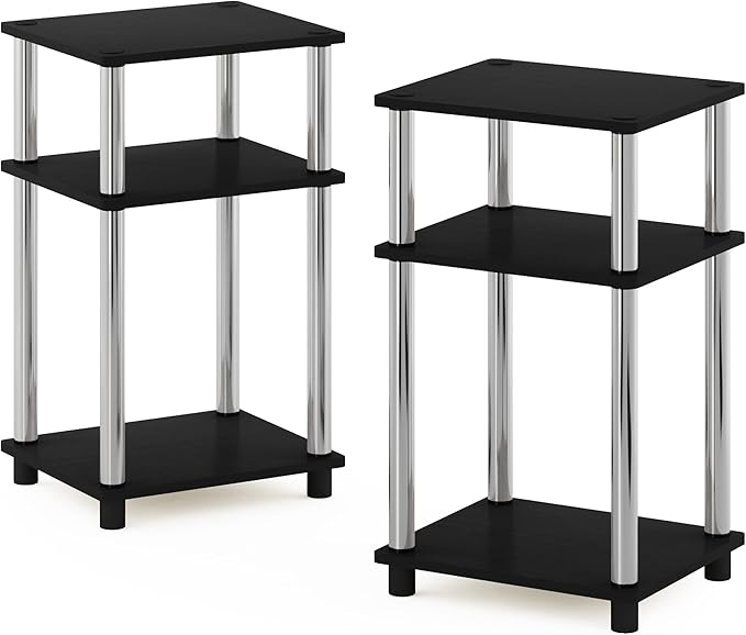 Furinno JUST Side Table Set of 2, 3-Tier Modern End Tables, Open Shelves Night Stand, Nightstand, Toolless Assembly, for Living Room, Bedroom, Americano/Stainless Steel
