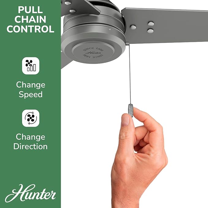 Hunter 44 inch Outdoor or Indoor Ceiling Fan No Light - Ceiling Fan without Light, For Patio, Porch, Garage, or Living Room, Standard Mount, 3 Blades, Pull Chain - Cassius 50256, Matte Silver