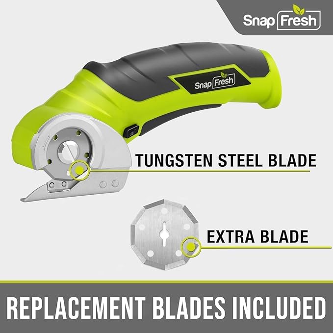 SnapFresh Cordless Electric Scissors, 4V Electric Mini Box Cutter, Carpet & Cardboard Cutter Tool with a Replacement Blade/Charger, Rotary Cutter for Cardboard Packages Leather Plastic （Green）