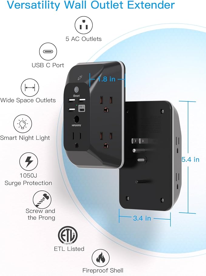 Black Multi Plug Outlet, HANYCONY Outlet Extender with 4 USB Ports (2 USB C) and Night Light, 1050J Surge Protector, Wall Mount, Outlet Splitter for Bathroom Kicthen Camper Dorm Room Essentials