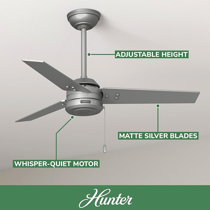 Hunter 44 inch Outdoor or Indoor Ceiling Fan No Light - Ceiling Fan without Light, For Patio, Porch, Garage, or Living Room, Standard Mount, 3 Blades, Pull Chain - Cassius 50256, Matte Silver