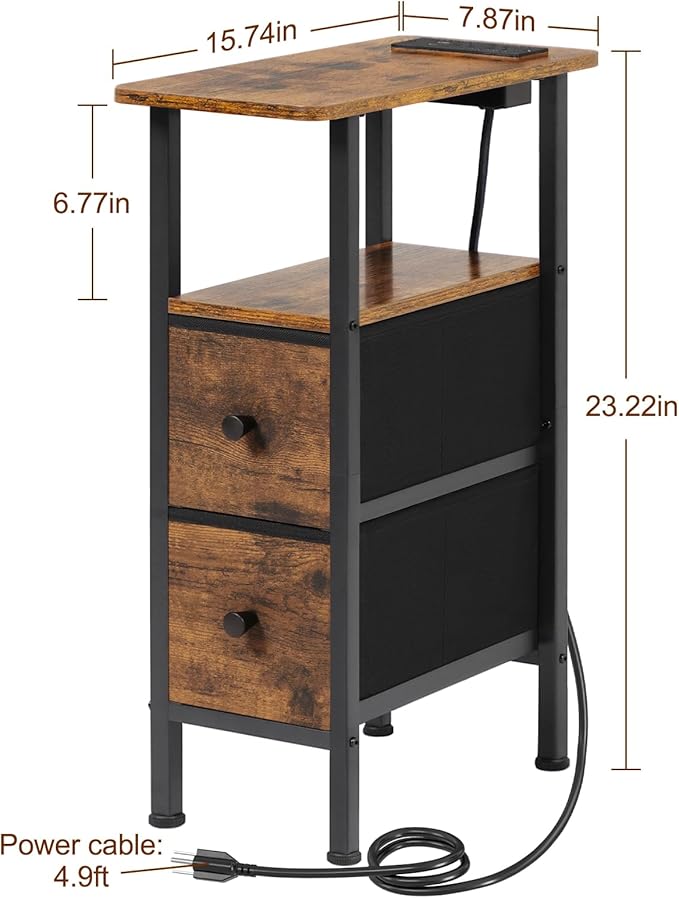 Narrow Nightstand with Charging Station, End Tables Living Room Set of 2, Skinny Side Table with Fabric Drawers, Small Sofa Table with LED Light for Bedroom, Brown, HETNDP02LBR