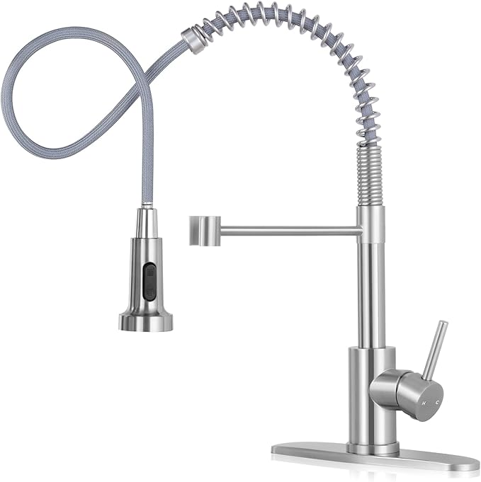 DJS Kitchen Faucets with Pull Down Sprayer Brushed Nickel -Single Handle 1 or 3 Holes Spring Kitchen Sink Faucet with Deck Plate for Farmhouse RV Vessel Basin