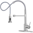 DJS Kitchen Faucets with Pull Down Sprayer Brushed Nickel -Single Handle 1 or 3 Holes Spring Kitchen Sink Faucet with Deck Plate for Farmhouse RV Vessel Basin