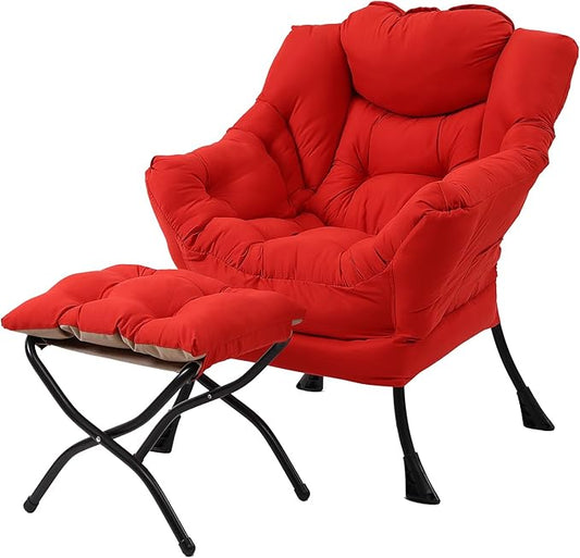 Welnow Lazy Chair with Ottoman, Modern Accent Chair with Armrests and a Side Pocket, Leisure Sofa Armchair Set, Reading Armchair with Footrest for Small Space, Red