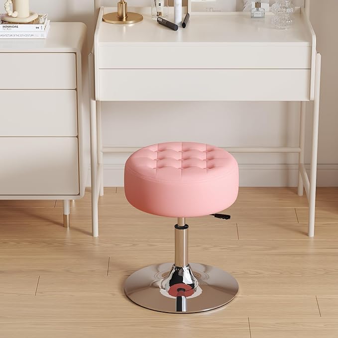 Furniliving Mid-Century Velvet Tufted Makeup Ottoman Stool, 360° Swivel Adjustable Vanity Stool Modern Big Size Vanity Chair Stools for Living Room Bedroom Bathroom, Pink