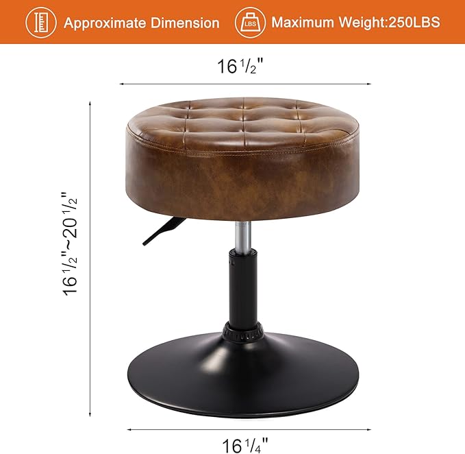 Furniliving Faux Leather Makeup Vanity Stool, Mid-Century Tufted Adjustable Swivel Ottoman Stool Modern Big Size Round Accent Chair for Living Room Bedroom Bathroom, YellowBrown