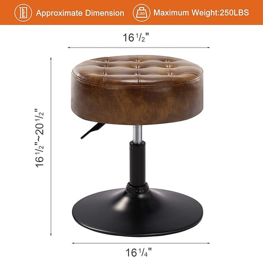 Furniliving Faux Leather Makeup Vanity Stool, Mid-Century Tufted Adjustable Swivel Ottoman Stool Modern Big Size Round Accent Chair for Living Room Bedroom Bathroom, YellowBrown