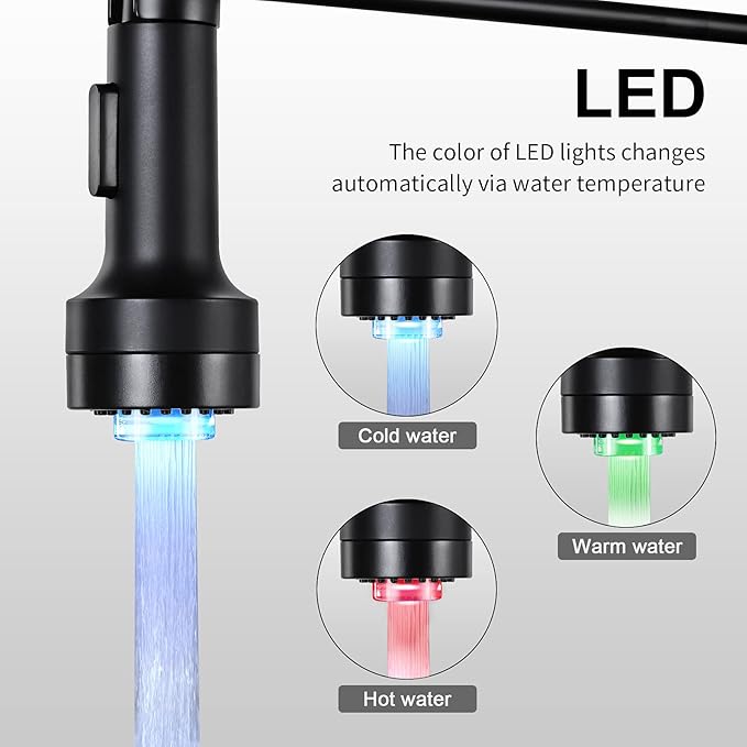 DJS Kitchen Faucets with Pull Down Sprayer Matte Black & Brushed Nickel LED Light Single Handle 1 or 3 Holes Spring Kitchen Sink Faucet with Deck Plate for Farmhouse RV Vessel Basin
