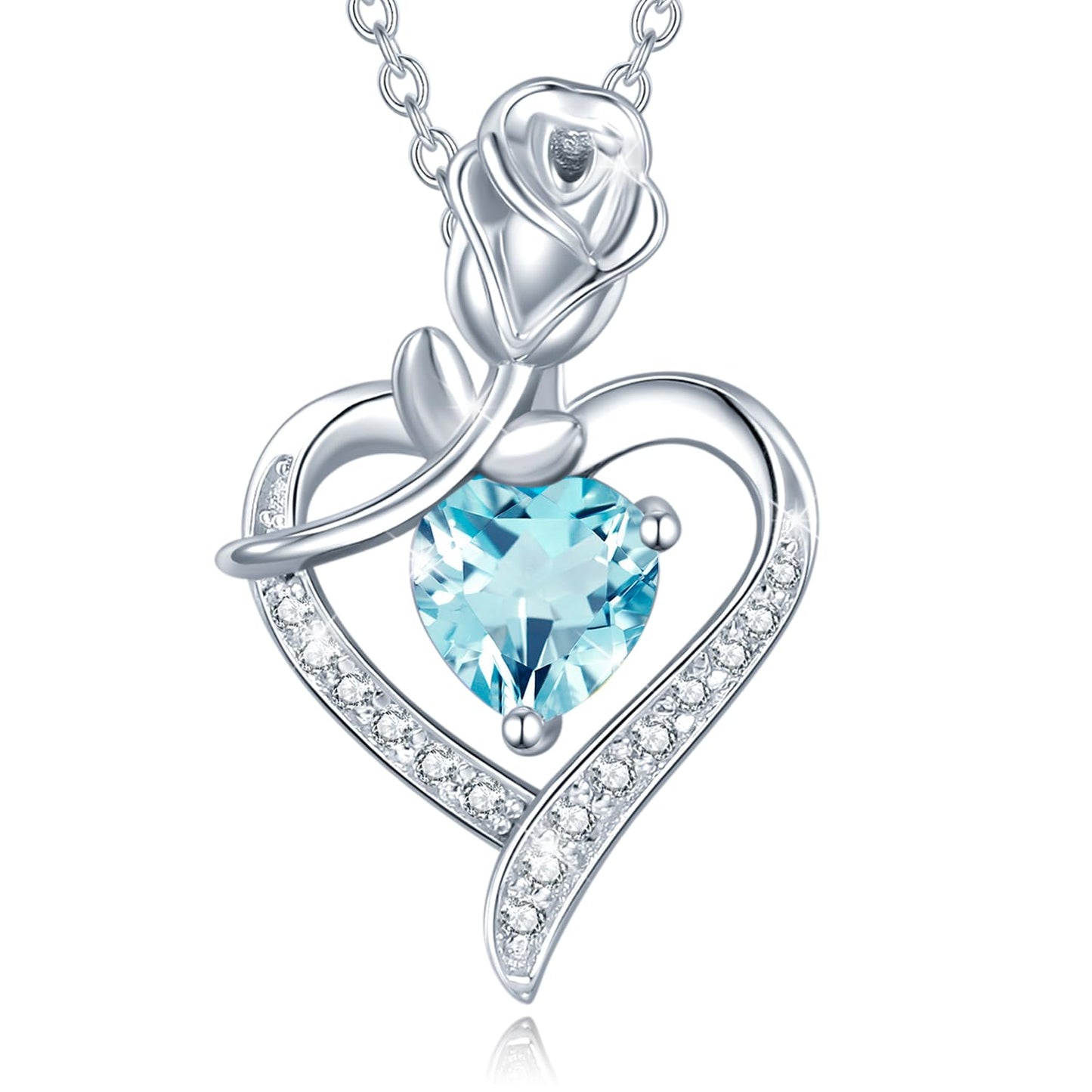 AGVANA Aquamarine Rose Heart Necklace - Sterling Silver March Birthstone Jewelry, Anniversary & Birthday Gift