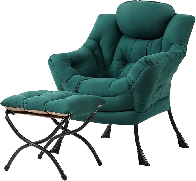 Tiita Lazy Chair with Ottoman, Green Modern Large Accent Chair, Comfy Leisure Sofa Armchair with Ottoman, Reading Chair with Footrest for Bedroom, Living Room, Dorm Rooms, Green
