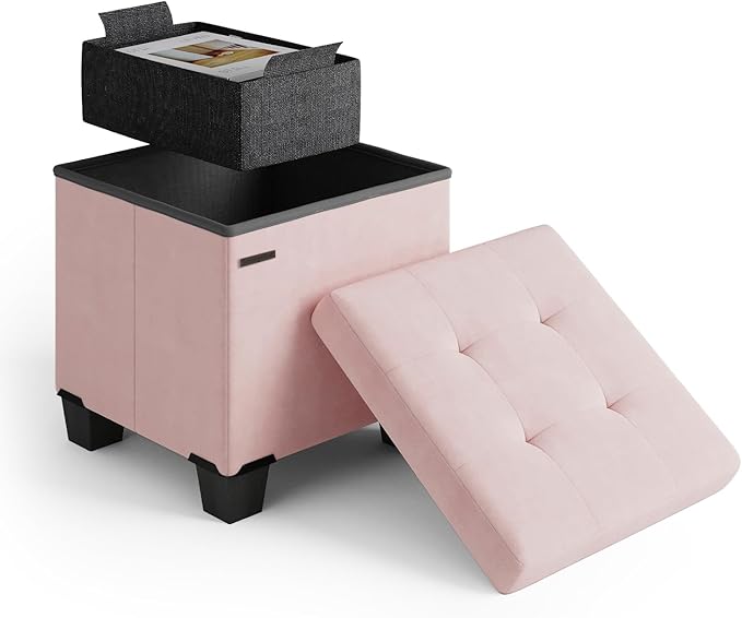 Storage Ottoman Cube with Small Bin, 15-in Square Ottoman with Storage for Living Room and Bedroom, Small Ottomans Foot Rest, Velvet Foot Stools Ottomans Max 330lbs, Pink
