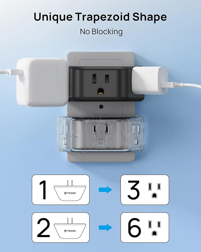 TROND 2 to 3 Prong Outlet Adapter 2 Pack, 3-Way Angled Plug Extender with 3 AC Sockets, Wall Plug Splitter for Non-Grounded Outlets in Old House, Cruise Ship Travel Essentials, Black