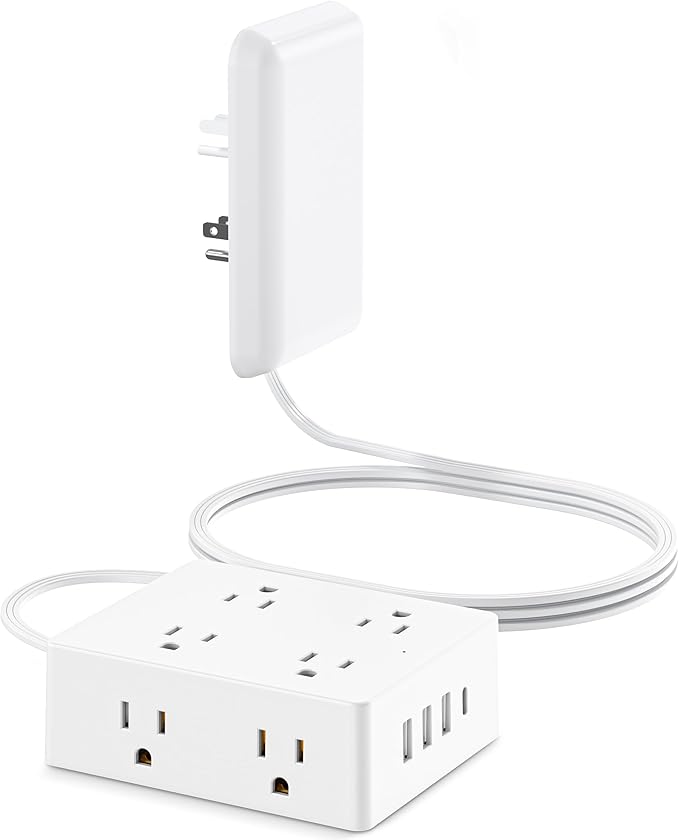 Flat Extension Cord with Outlet Cover, Olcorife Flat Plug Power Strip with 8 Outlets and 4 USB Ports, 2000 Joules Surge Protector, 5 FT Cord Hidden Outlet Extender for Tight Spaces