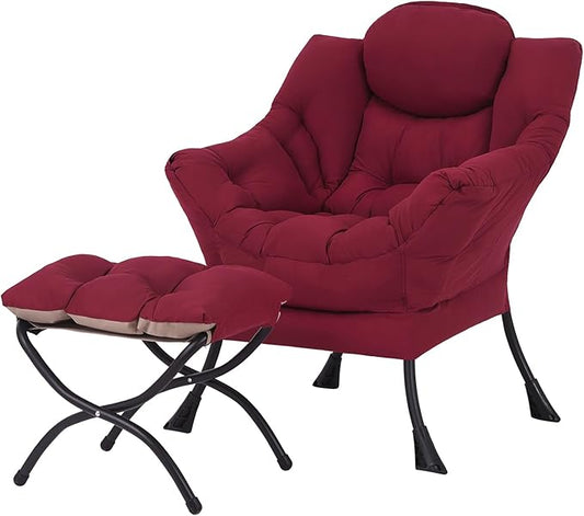 Welnow Lazy Chair with Ottoman, Modern Accent Chair with Armrests and a Side Pocket, Leisure Sofa Armchair, Reading Armchair with Footrest for Small Space, Burgundy