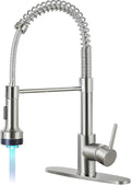 DJS Kitchen Faucets with Pull Down Sprayer Brushed Nickel LED Light Single Handle 1 or 3 Holes Spring Kitchen Sink Faucet with Deck Plate for Farmhouse RV Vessel Basin