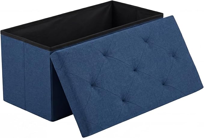 DUMOS 30in Foldable Storage Ottoman Bench, Ottoman Bench Foot Rest Stool with Padded Seat, Bedroom Bench with for Living Room, Support 660lbs, Blue